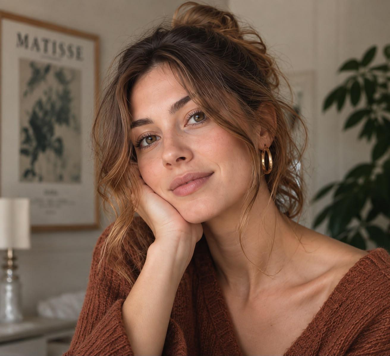 Smiling woman with warm brown hair, gold hoop earrings and a rust sweater