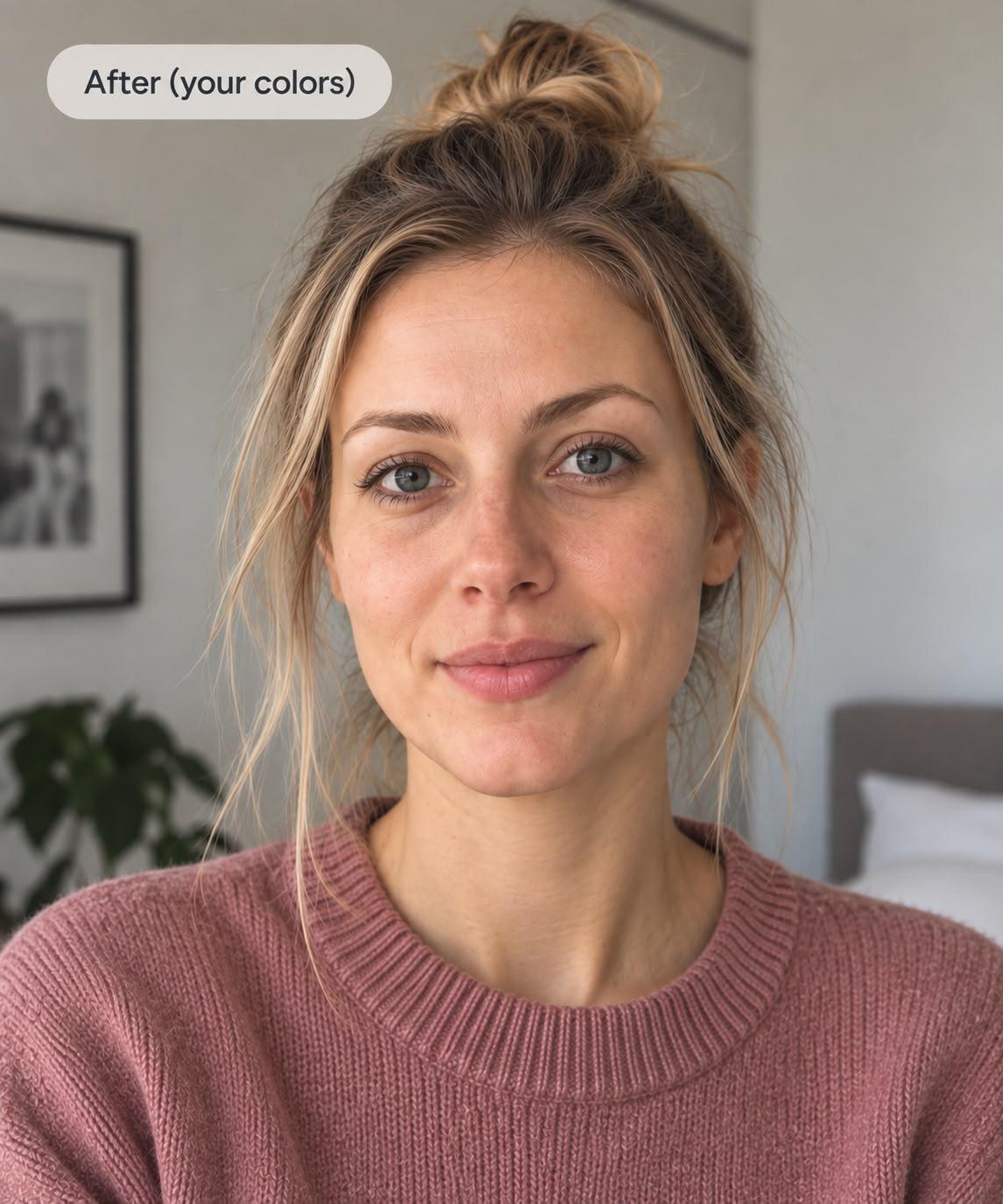 After: the same woman in a dusty rose sweater