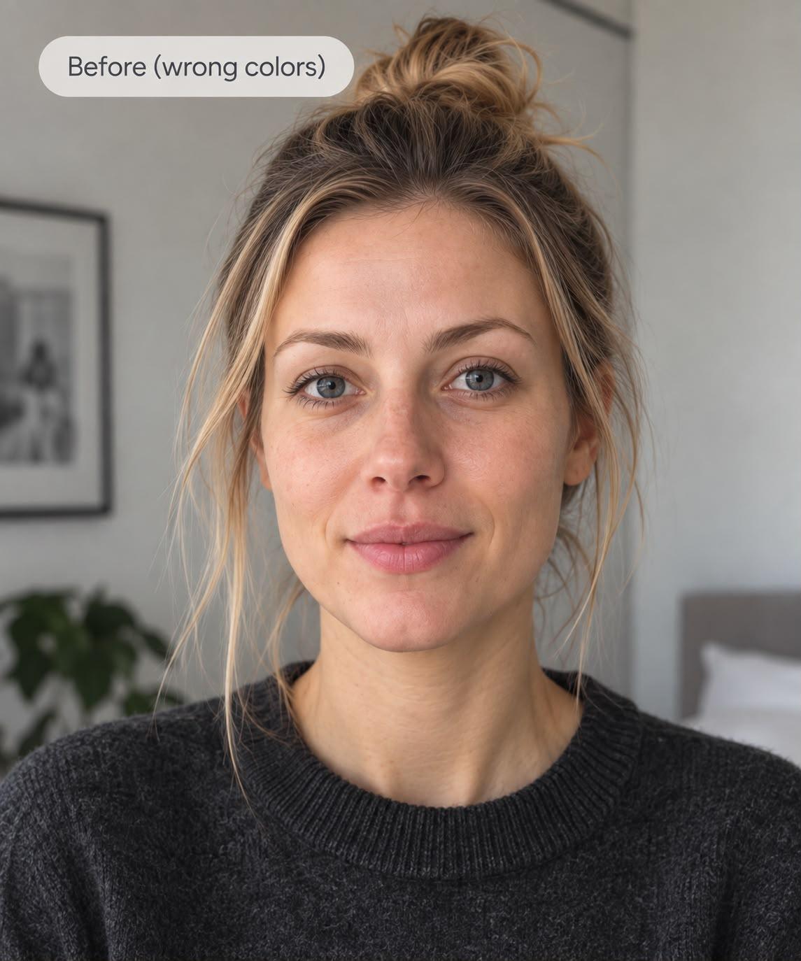 Before: a woman with ash-blonde hair in a charcoal sweater