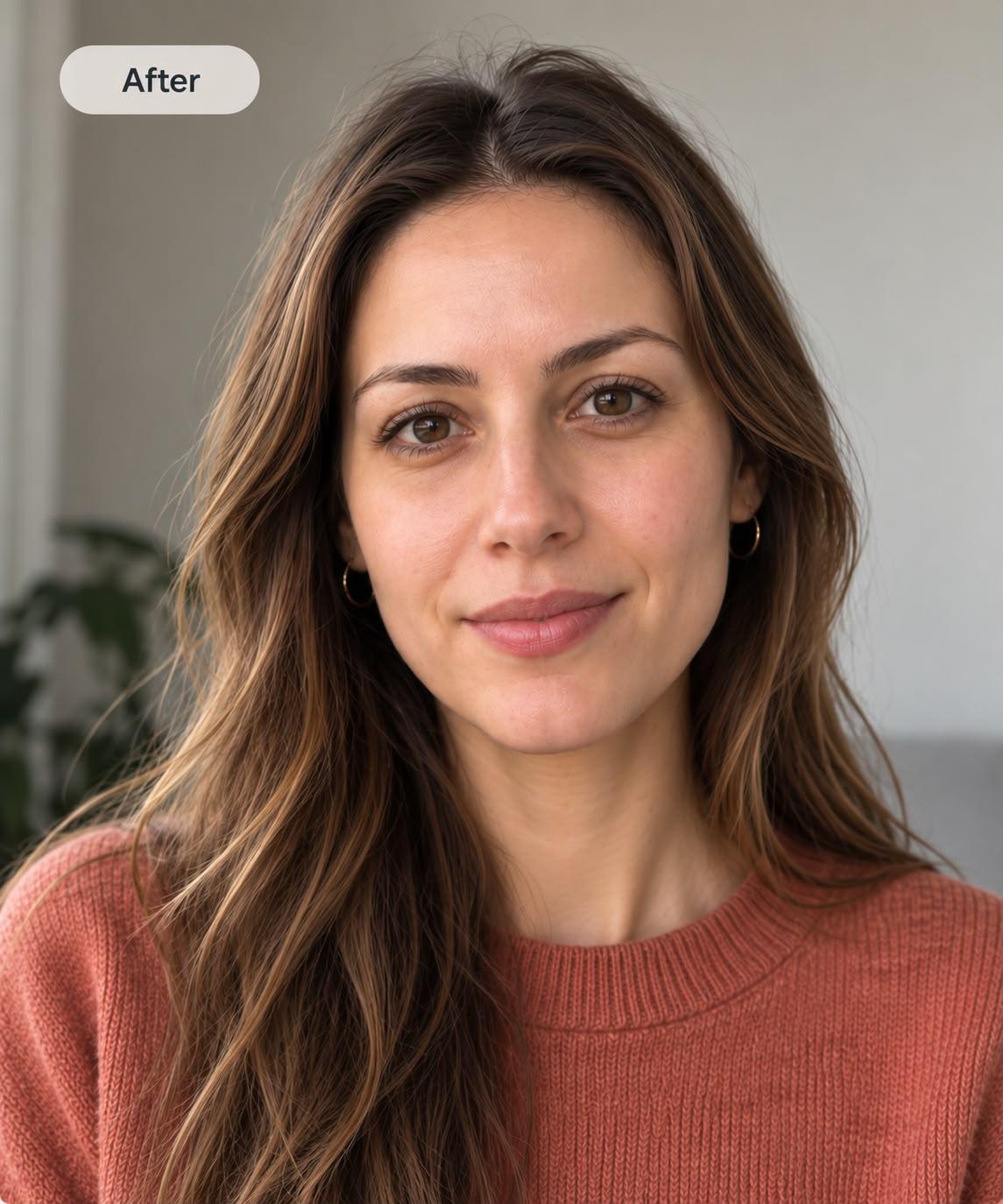 After: the same woman in a warm rust sweater
